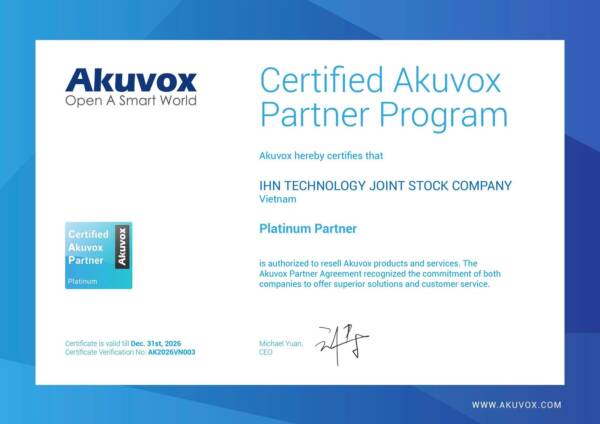 Chứng nhận Certified Akuvox Partner Program cấp bậc Platinum Partner cho Công ty Cổ phần Công nghệ IHN tại Việt Nam, số hiệu AK2026VN003