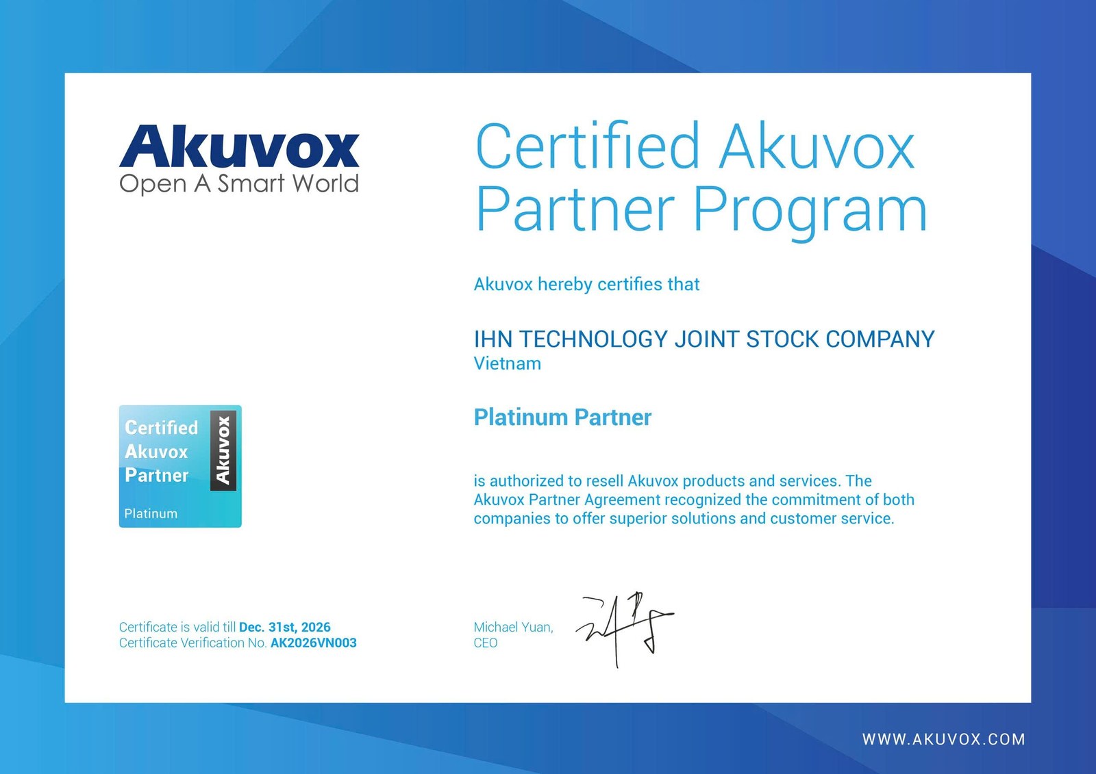 Chứng nhận Certified Akuvox Partner Program cấp bậc Platinum Partner cho Công ty Cổ phần Công nghệ IHN tại Việt Nam, số hiệu AK2026VN003